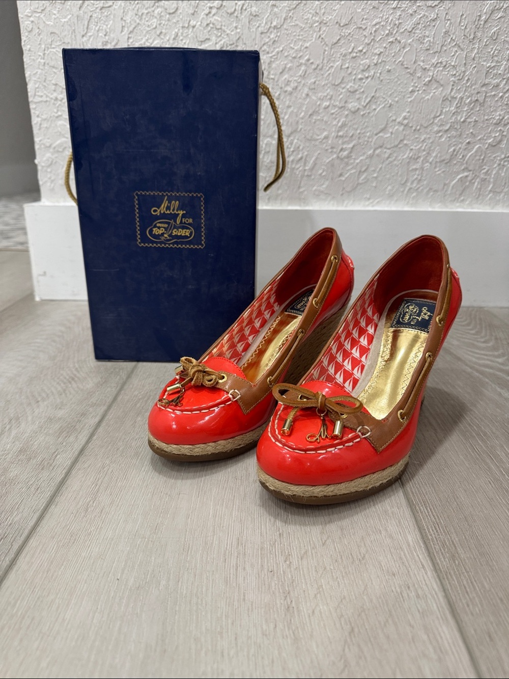 Milly for Sperry Top-Sider, Orange Patent Espadrille Wedge Loafers